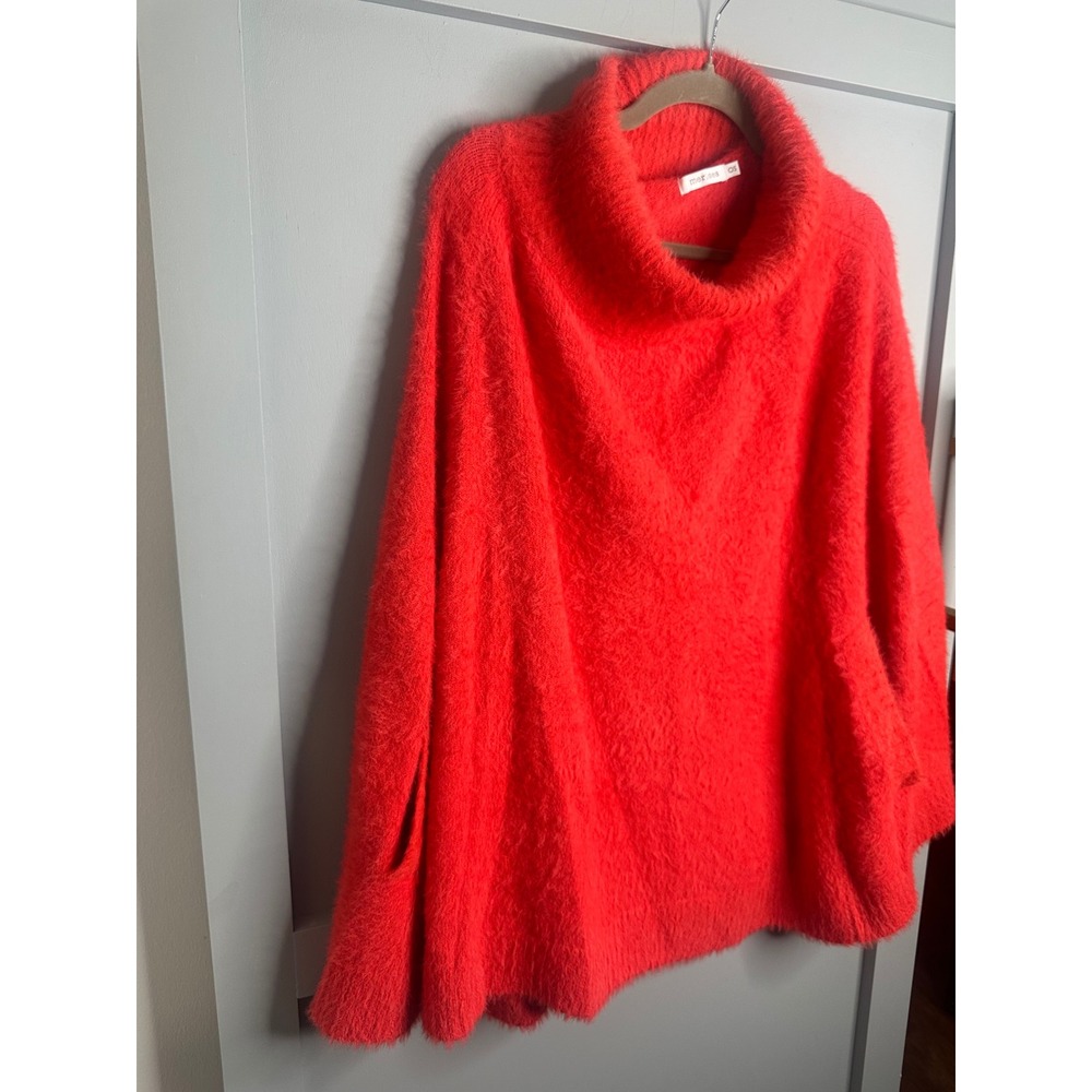 Mer-Sea Fuzzy Knit Cowl Neck Poncho Sweater Orange Red One Size OS Arm Slits - Picture 3 of 11
